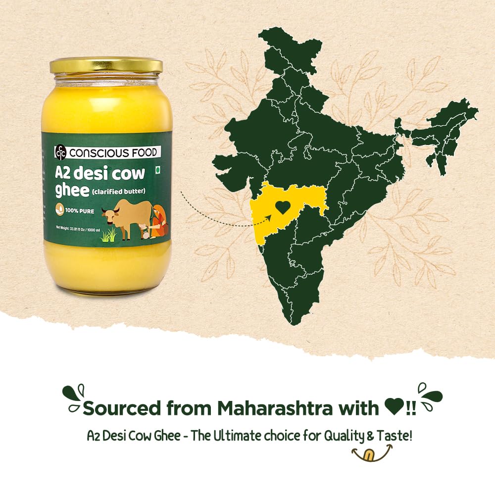 Conscious Food A2 ghee packaging emphasizes small-batch purity.