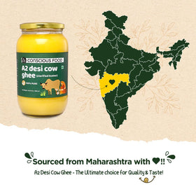 Conscious Food A2 ghee packaging emphasizes small-batch purity.