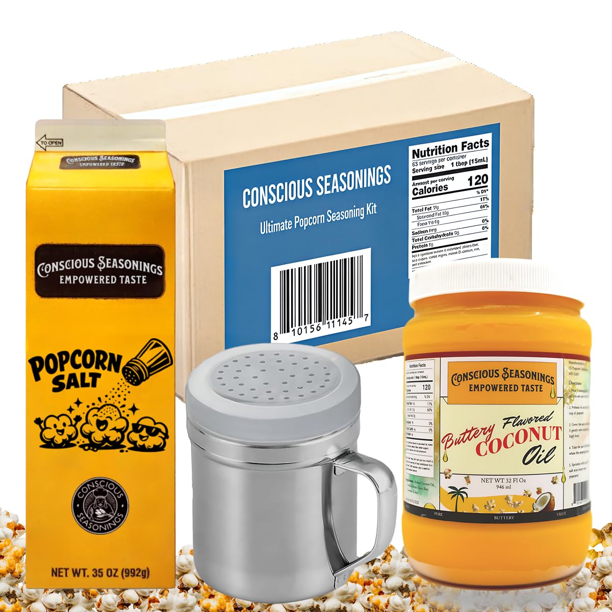 CONSCIOUS SEASONINGS popcorn salt bottle enhances cinema-style popcorn