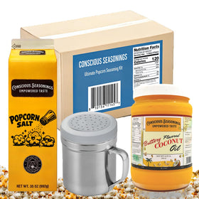 CONSCIOUS SEASONINGS popcorn salt bottle enhances cinema-style popcorn