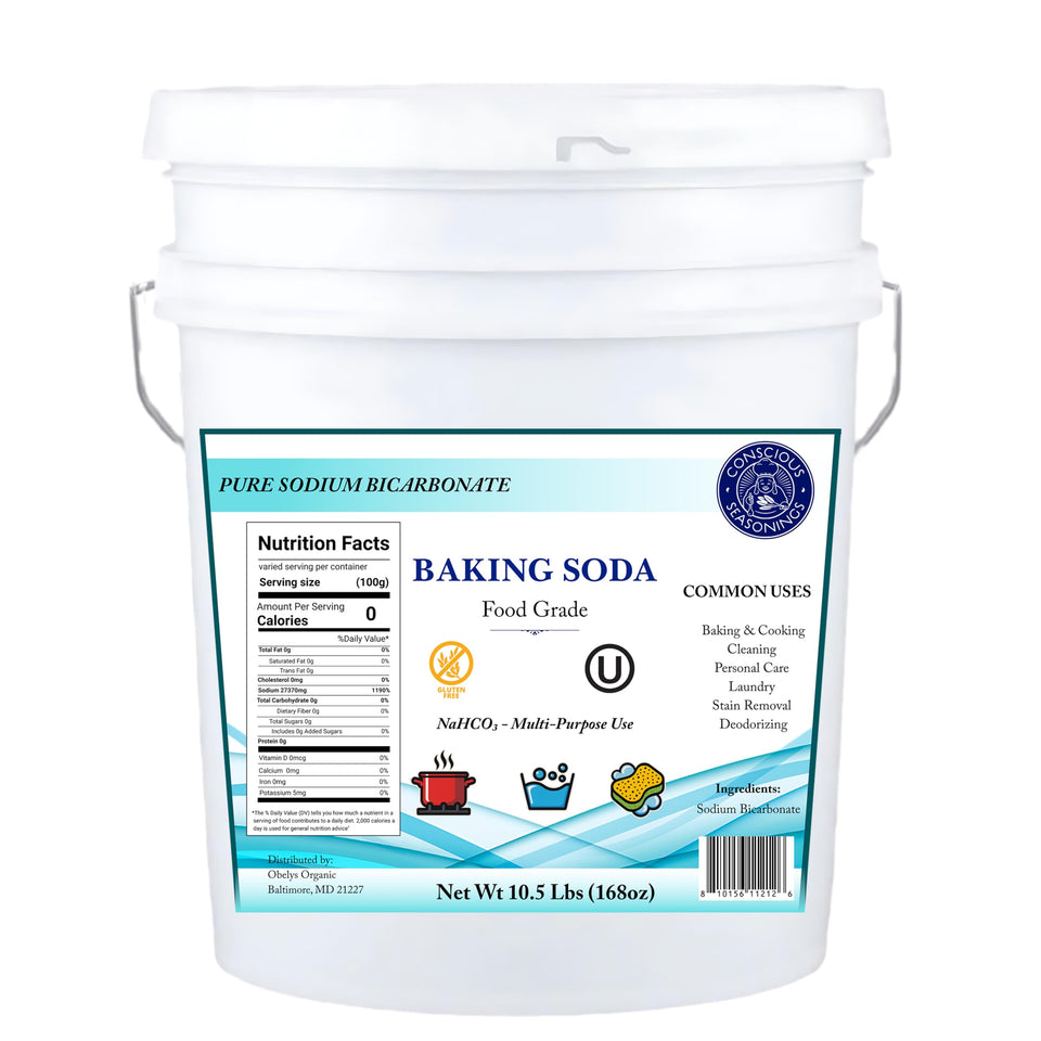 Conscious Seasonings Pure Baking Soda bucket ready for baking and cleaning tasks.