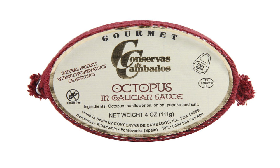 Conservas de Cambados octopus in Galician sauce tin, a pantry staple for quick gourmet meals.