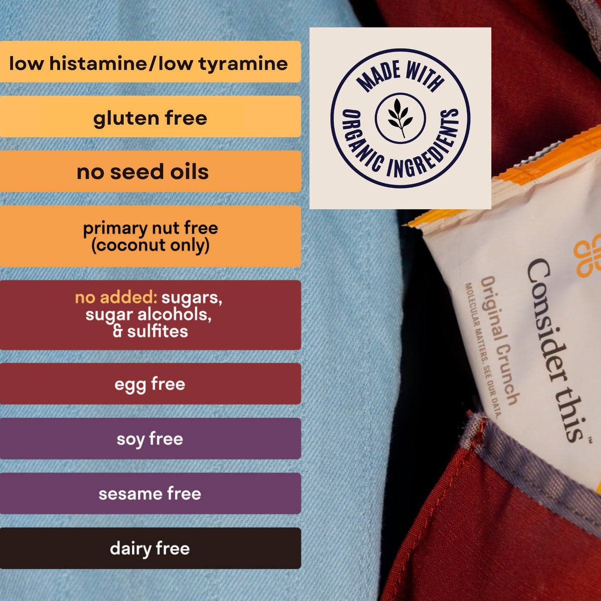 Consider This Low Histamine Bars ingredients close-up, simple plant-based components