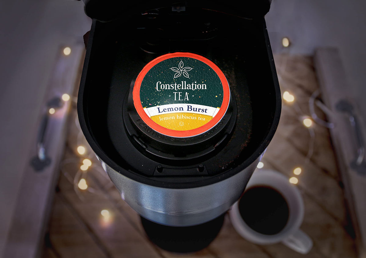 Constellation Tea Lemon Hibiscus pod packaging shows all natural ingredients from select farms.