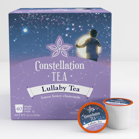 Constellation Tea lemon honey chamomile lullaby pods brewing into a soothing cup.