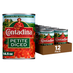 Contadina petite cut diced tomatoes can on shelf, ideal base for pasta sauces