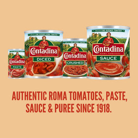 Contadina Tomato Basil Pizza Squeeze bottle closeup showing ripe Roma tomatoes for rich flavor