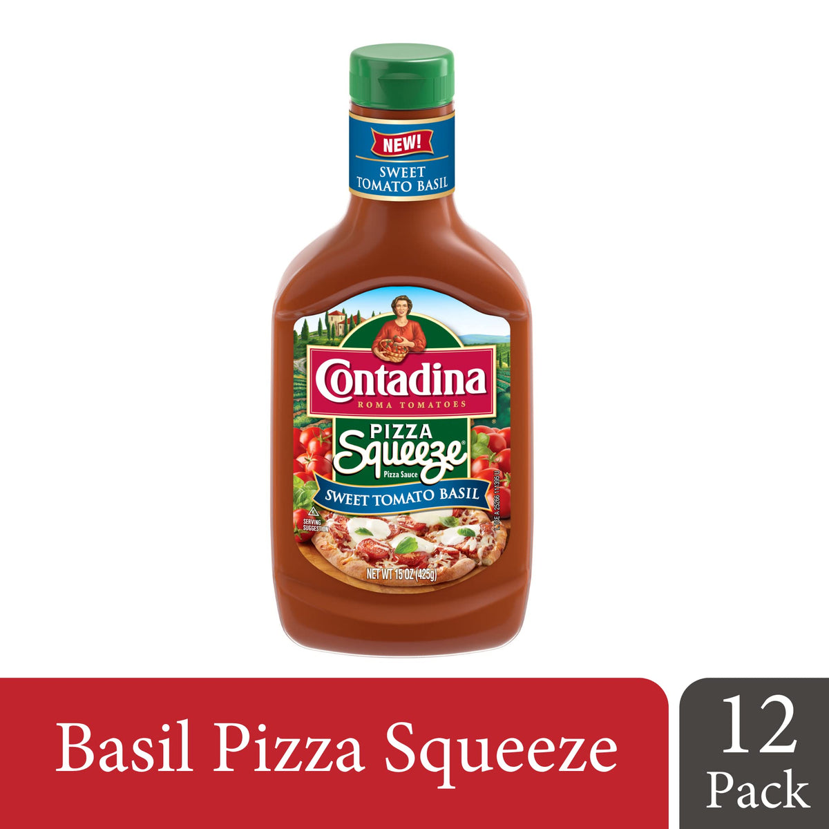Contadina Tomato Basil Pizza Squeeze bottle close-up highlighting ripe Roma tomatoes for rich flavor