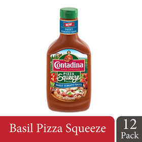 Contadina Tomato Basil Pizza Squeeze bottle close-up highlighting ripe Roma tomatoes for rich flavor