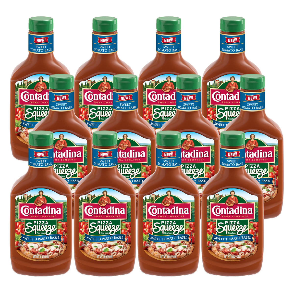 Contadina Tomato Basil Pizza Squeeze pack of 12 bottles on display for convenient weeknight meals