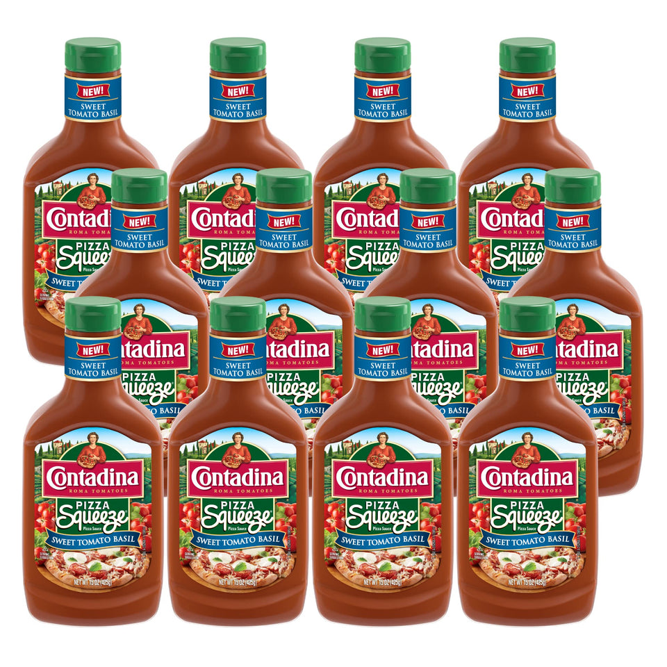 Contadina Tomato Basil Pizza Squeeze pack of 12 bottles on display for convenient weeknight meals
