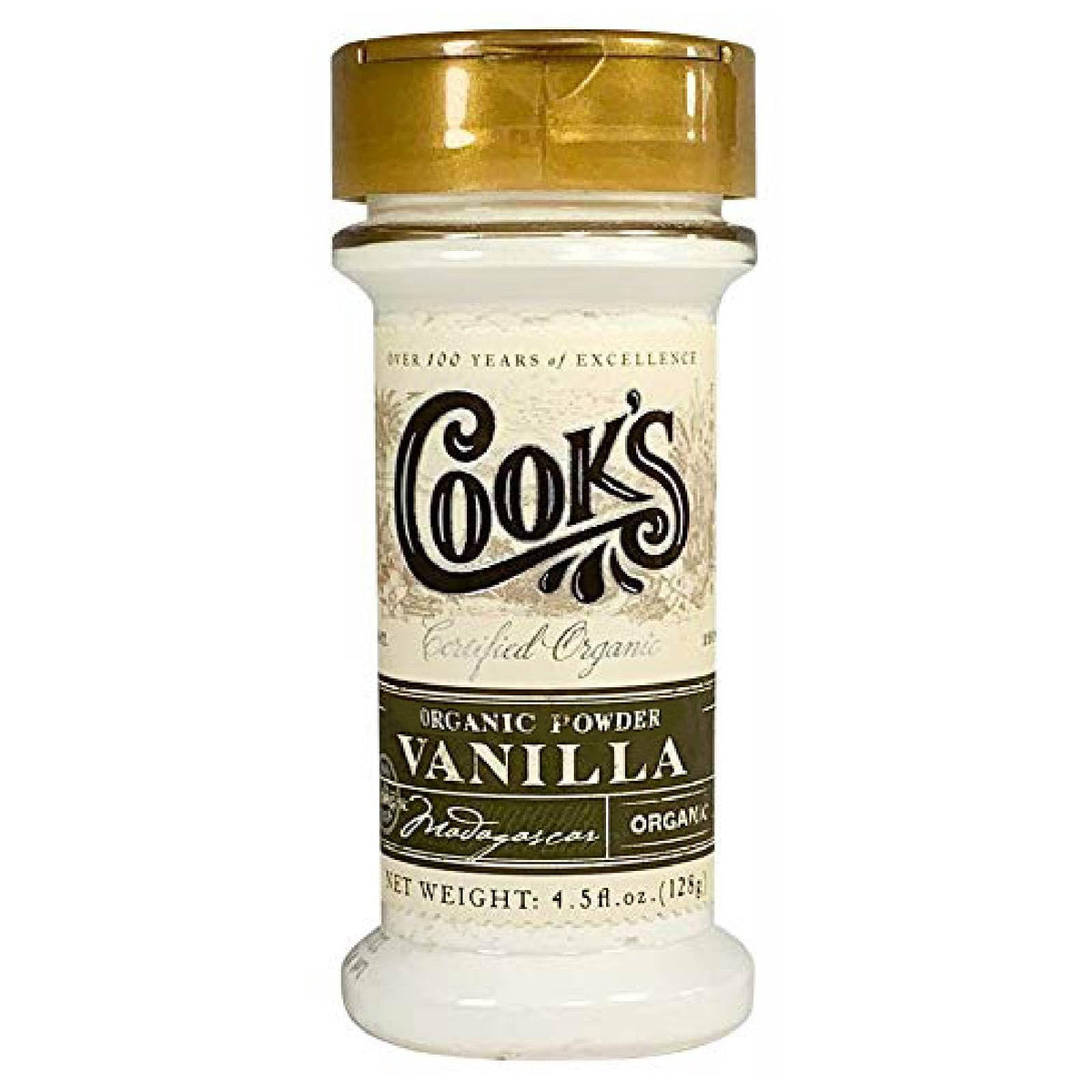 Cook's Organic Vanilla Powder jar ready for easy measuring in the kitchen.