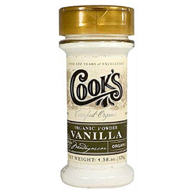 Cook's Organic Vanilla Powder jar ready for easy measuring in the kitchen.