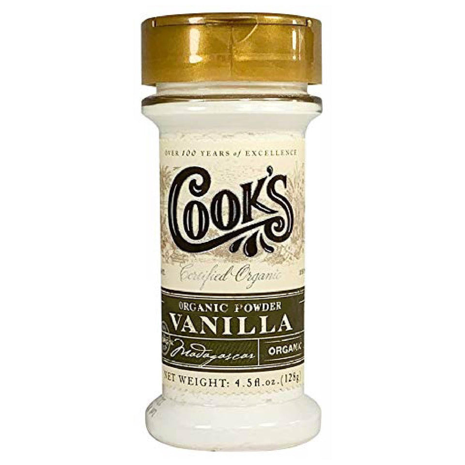 Cook's Organic Vanilla Powder jar ready for easy measuring in the kitchen.
