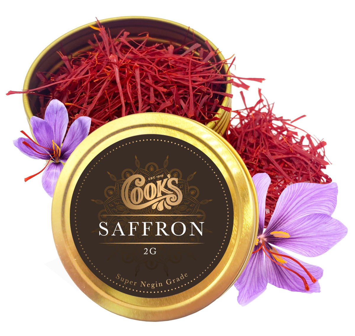 Cook’s Premium Negin saffron threads close-up showing deep red color for vibrant dishes.