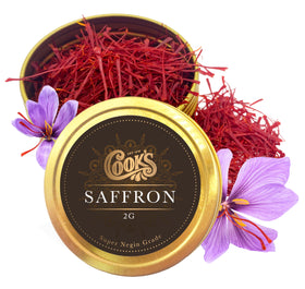 Cook’s Premium Negin saffron threads close-up showing deep red color for vibrant dishes.