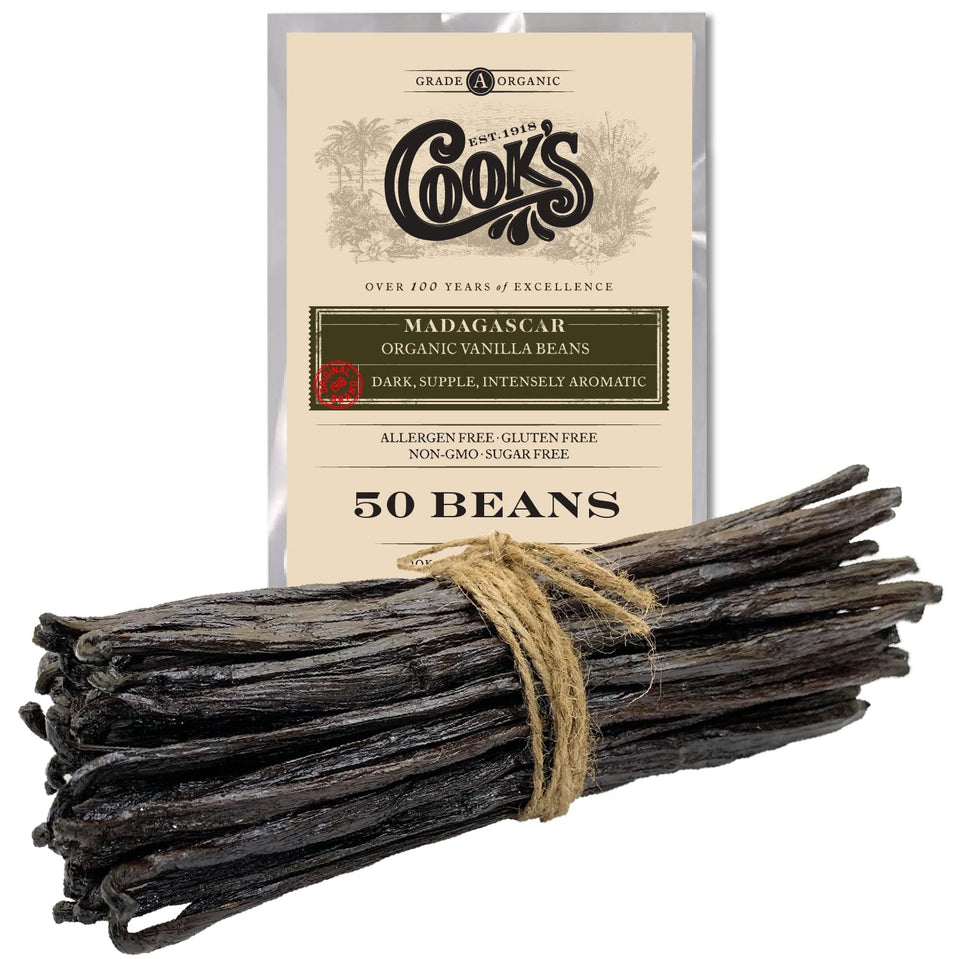 Cook's Madagascar vanilla beans in a bundle showing premium flavor for baking