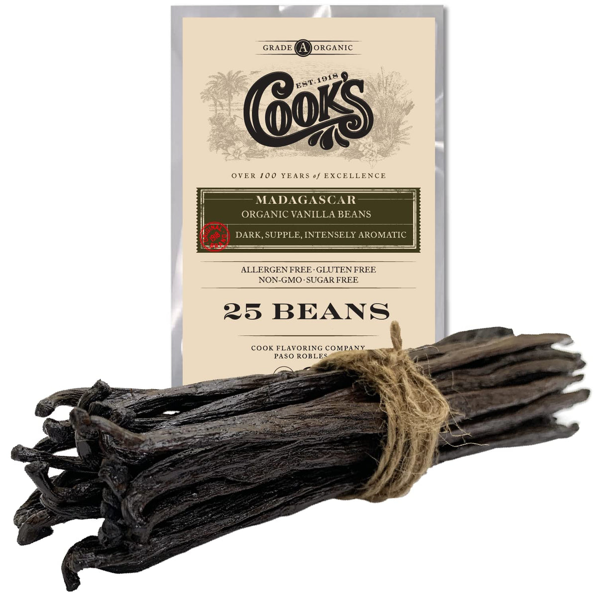 COOK'S vanilla beans – whole pods ready to flavor desserts with authentic Madagascar vanilla.
