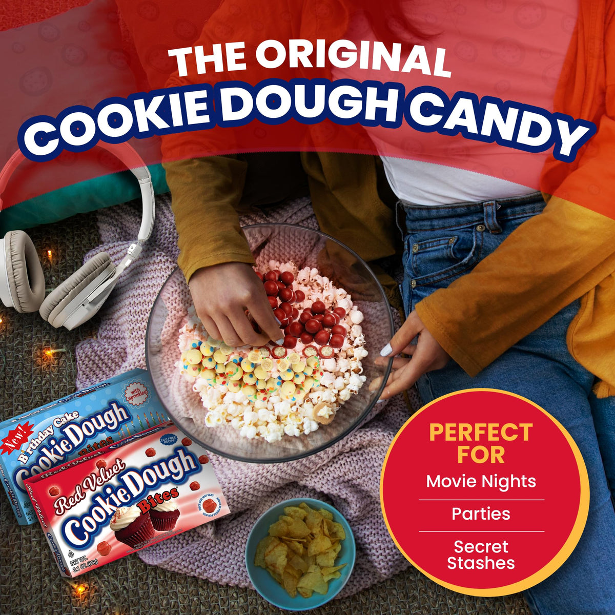 Cookie Dough Bites theater-style box close-up highlights ready-to-eat treats.