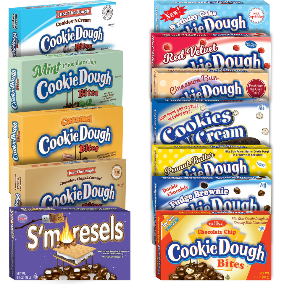 Cookie Dough Bites variety pack box front, ideal for gifting and movie nights.