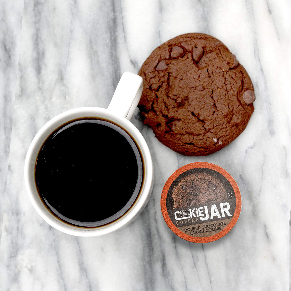 Cookie Jar 40-count pack closeup, bold chocolate flavor in every cup.
