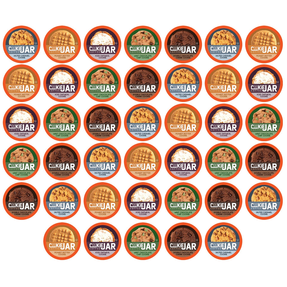 Cookie Jar assorted coffee pods visual sampler ready for Keurig brewers, ideal for hot or iced coffee.