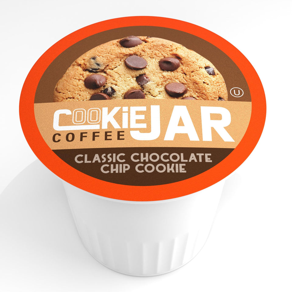 Cookie Jar Chocolate Chip coffee pods row on a clean surface for convenient single-serve brewing.