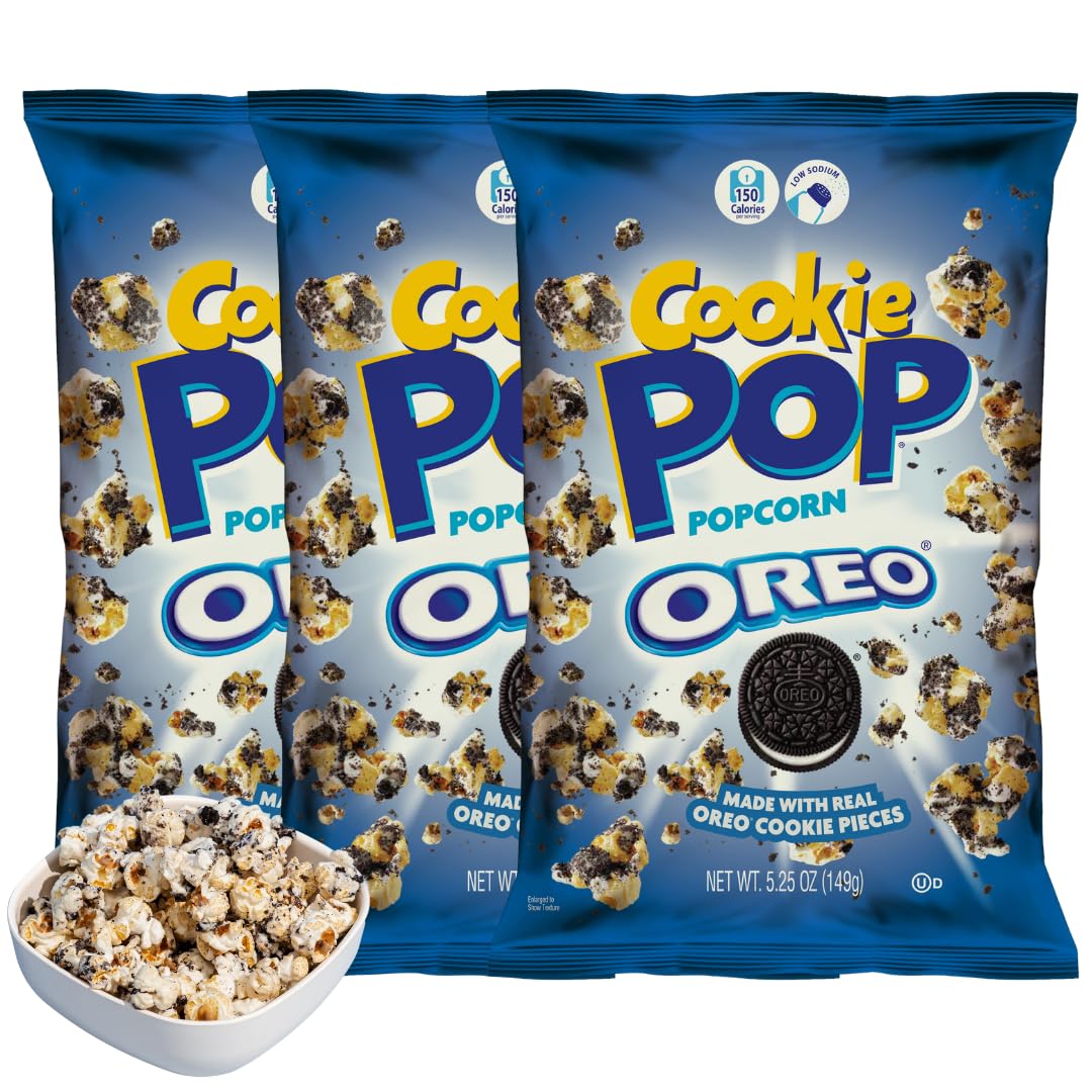 Cookie Pop Oreo coated popcorn bag closeup showing crunchy texture, perfect snack.
