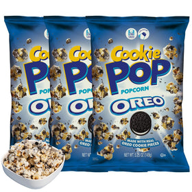 Cookie Pop Oreo coated popcorn bag closeup showing crunchy texture, perfect snack.