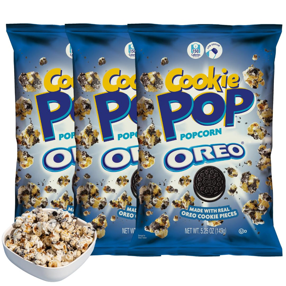 Cookie Pop Oreo coated popcorn bag closeup showing crunchy texture, perfect snack.