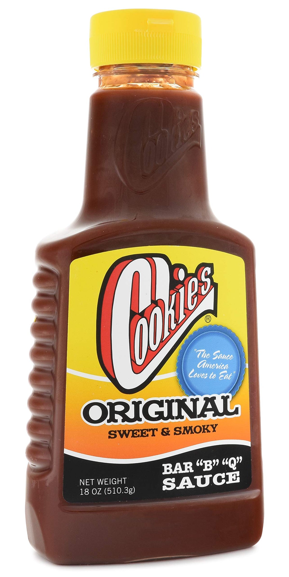 Cookies Original Sweet & Smoky BBQ Sauce bottle pouring to enhance grilling flavor
