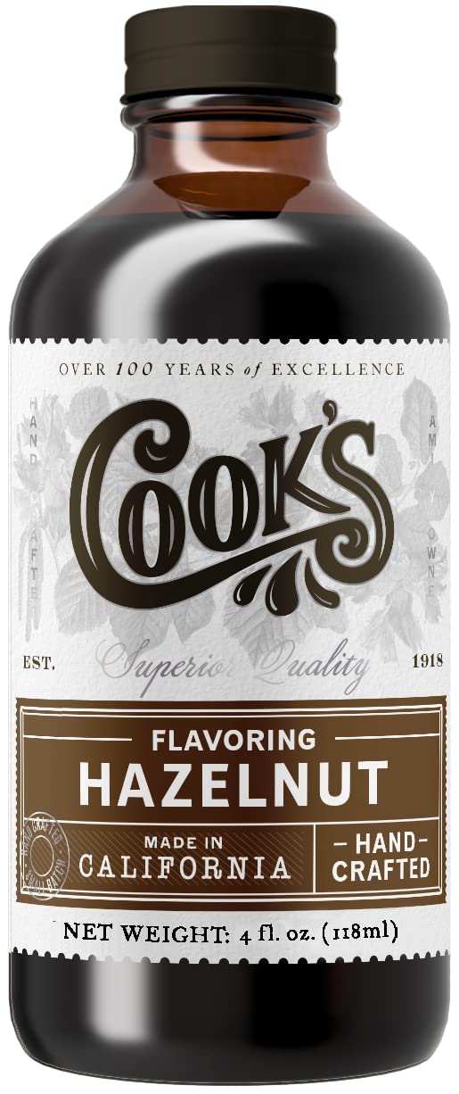 Cook's Hazelnut flavor bottle close-up shows rich roasted aroma for baking.