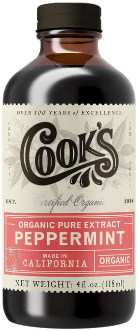 COOK'S Organic Peppermint Extract bottle front view highlighting premium flavor.