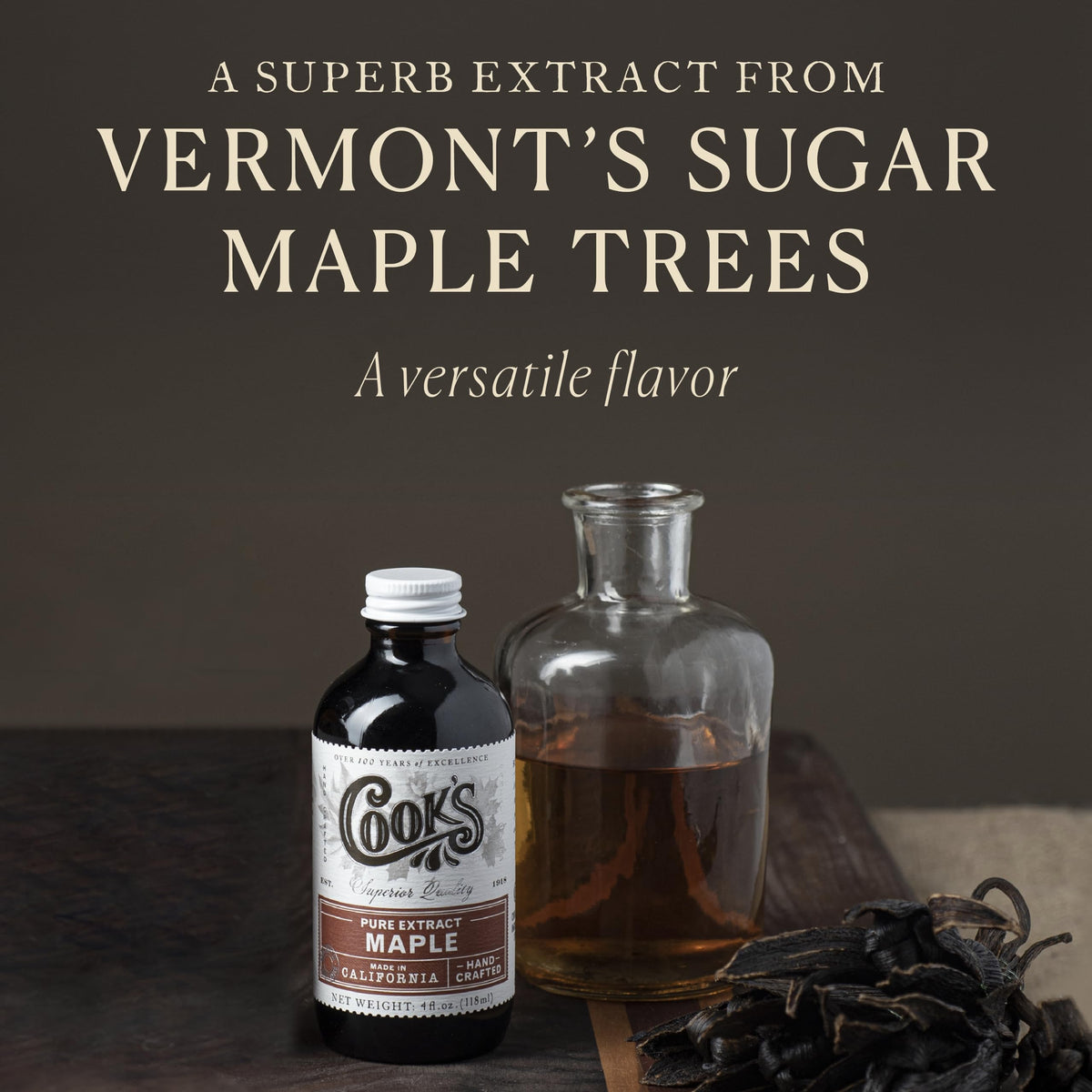 COOK'S Pure Maple Extract label highlighting Vermont maple source and natural ingredients