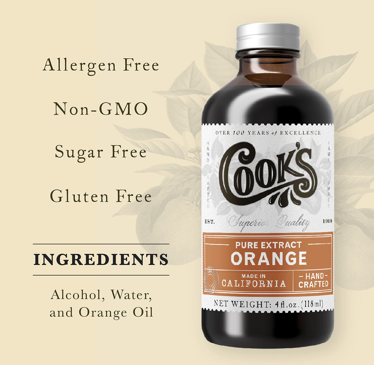 COOK'S orange extract label closeup, highlighting Florida origin and natural flavor.