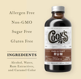 Closeup of Cook's Pure Rum Extract label shows premium quality for desserts.