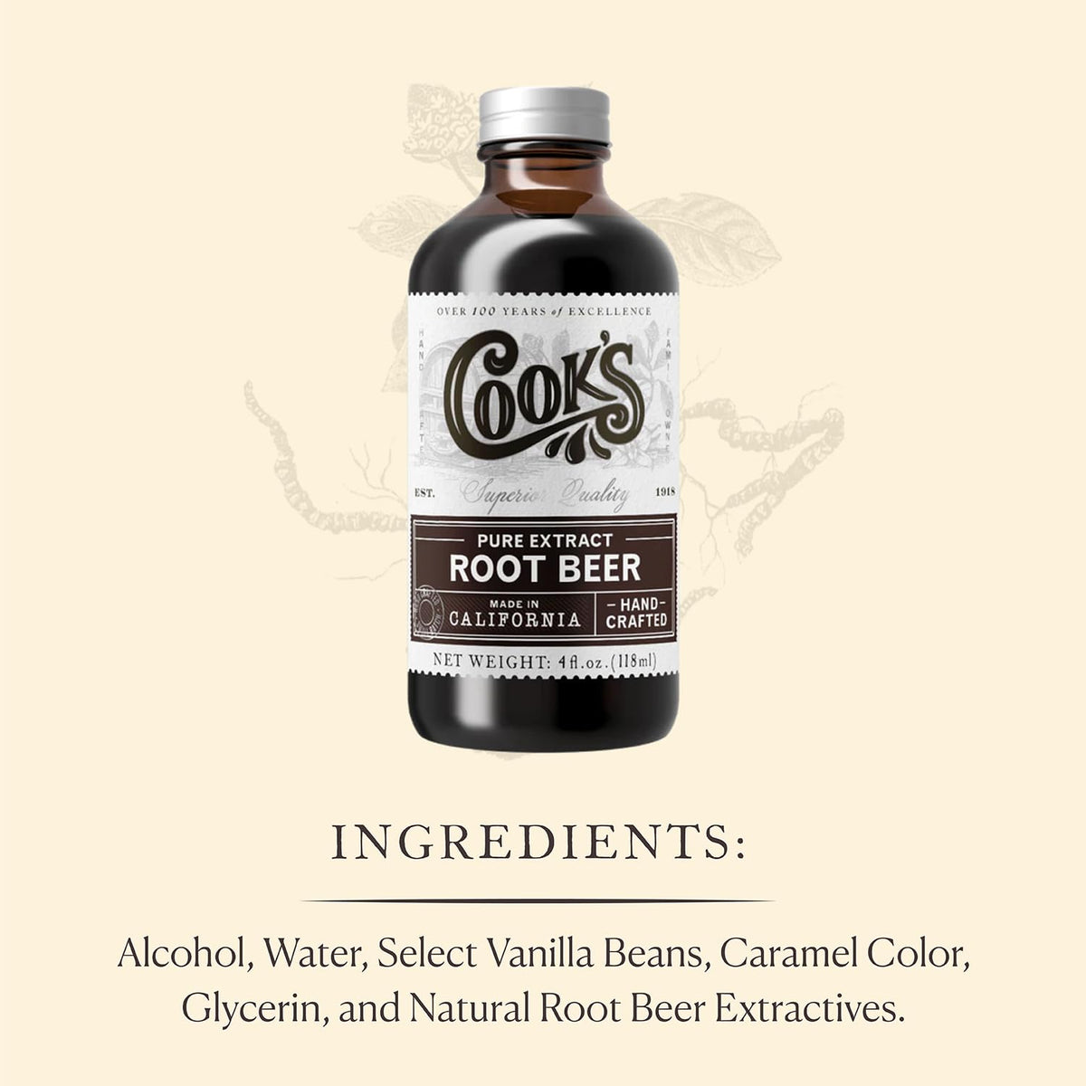 Cook's amber glass bottle preserves flavor and freshness on the shelf.