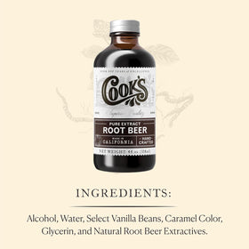 COOK'S Root Beer Extract being poured into a mixing bowl for batters or drinks.