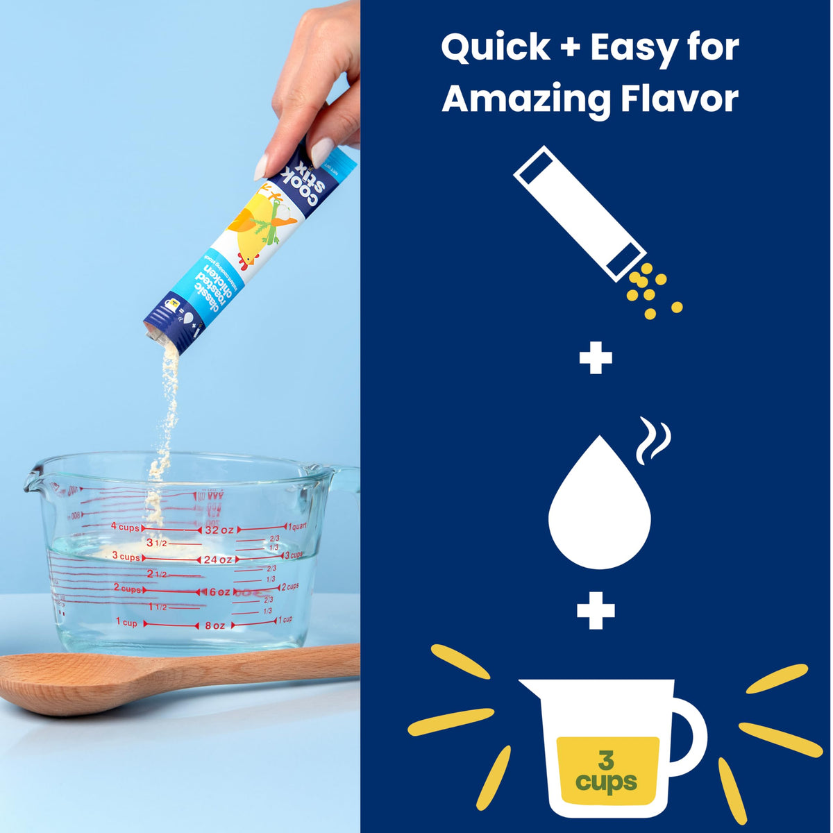 Pouring Cookstix broth into a glass for a savory serving