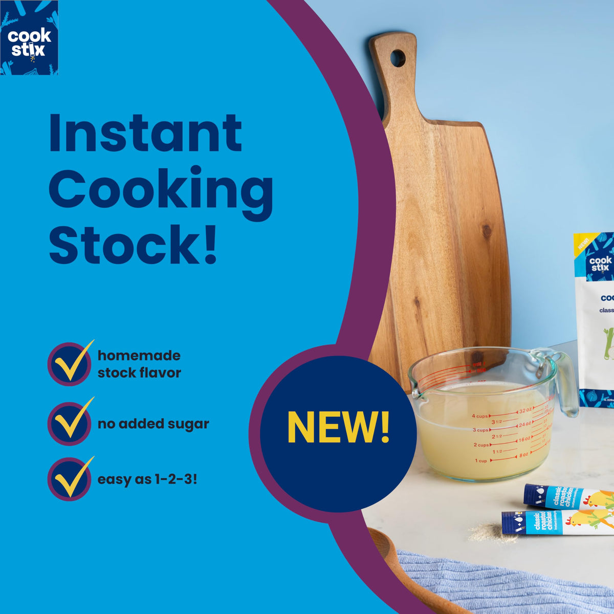 Close-up of Cookstix Classic stock stick highlighting real chicken flavor