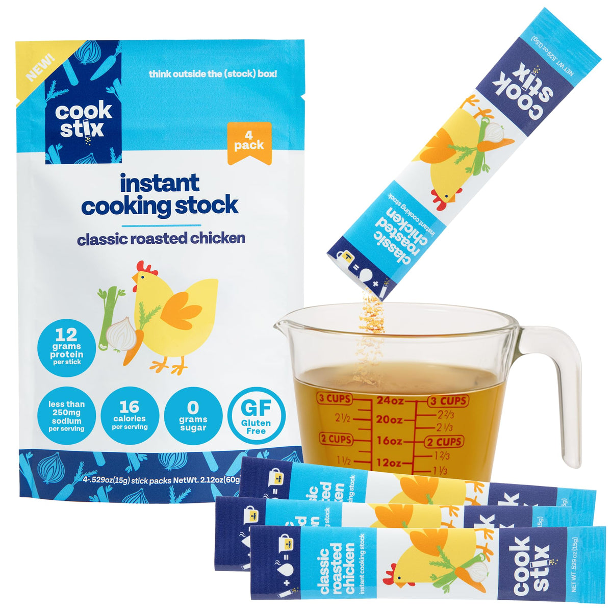 Cookstix Classic Roasted Chicken Stock Stick package shows clean-label, lower-sodium stock