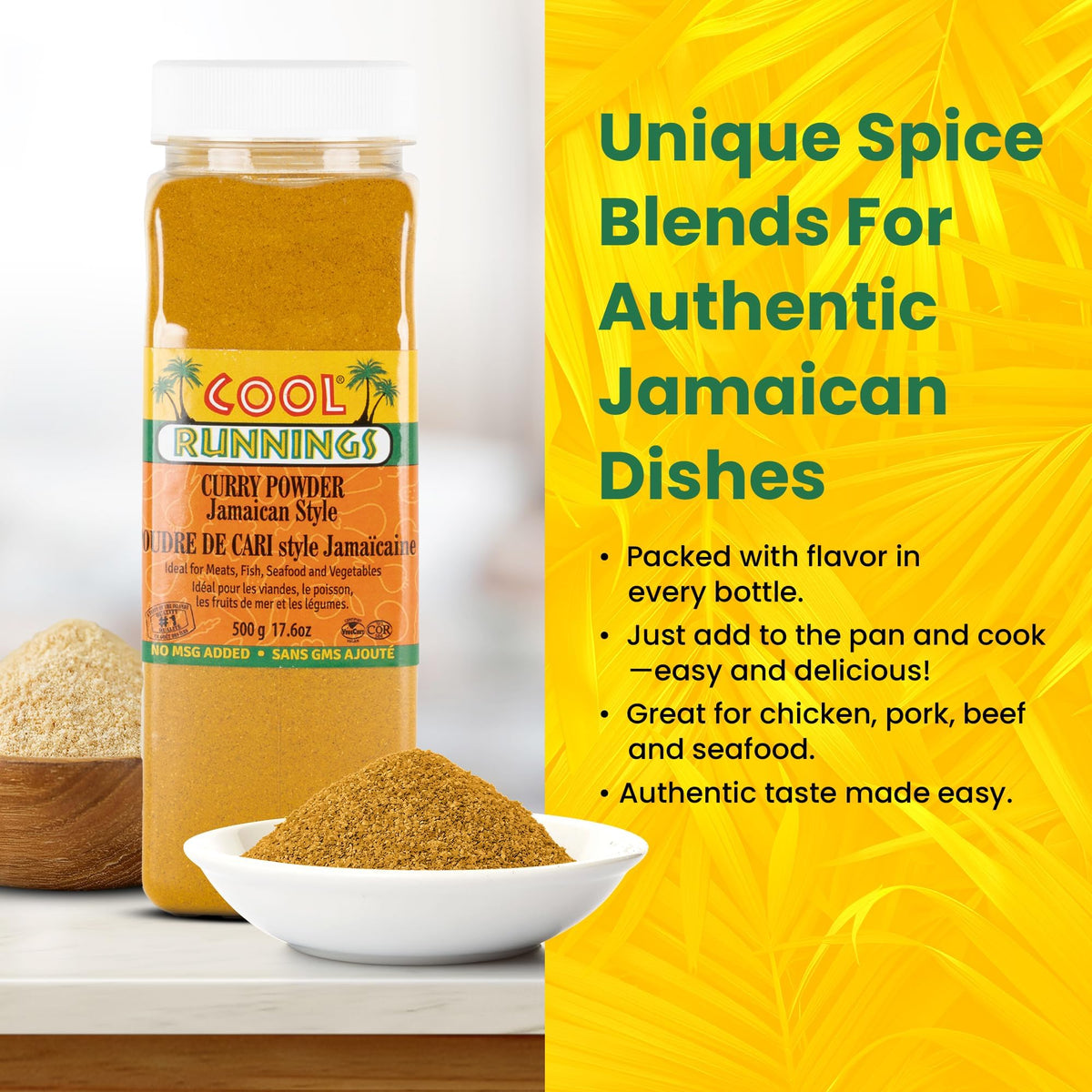Cool Runnings bottle close-up shows vibrant spice blend ideal for curries.