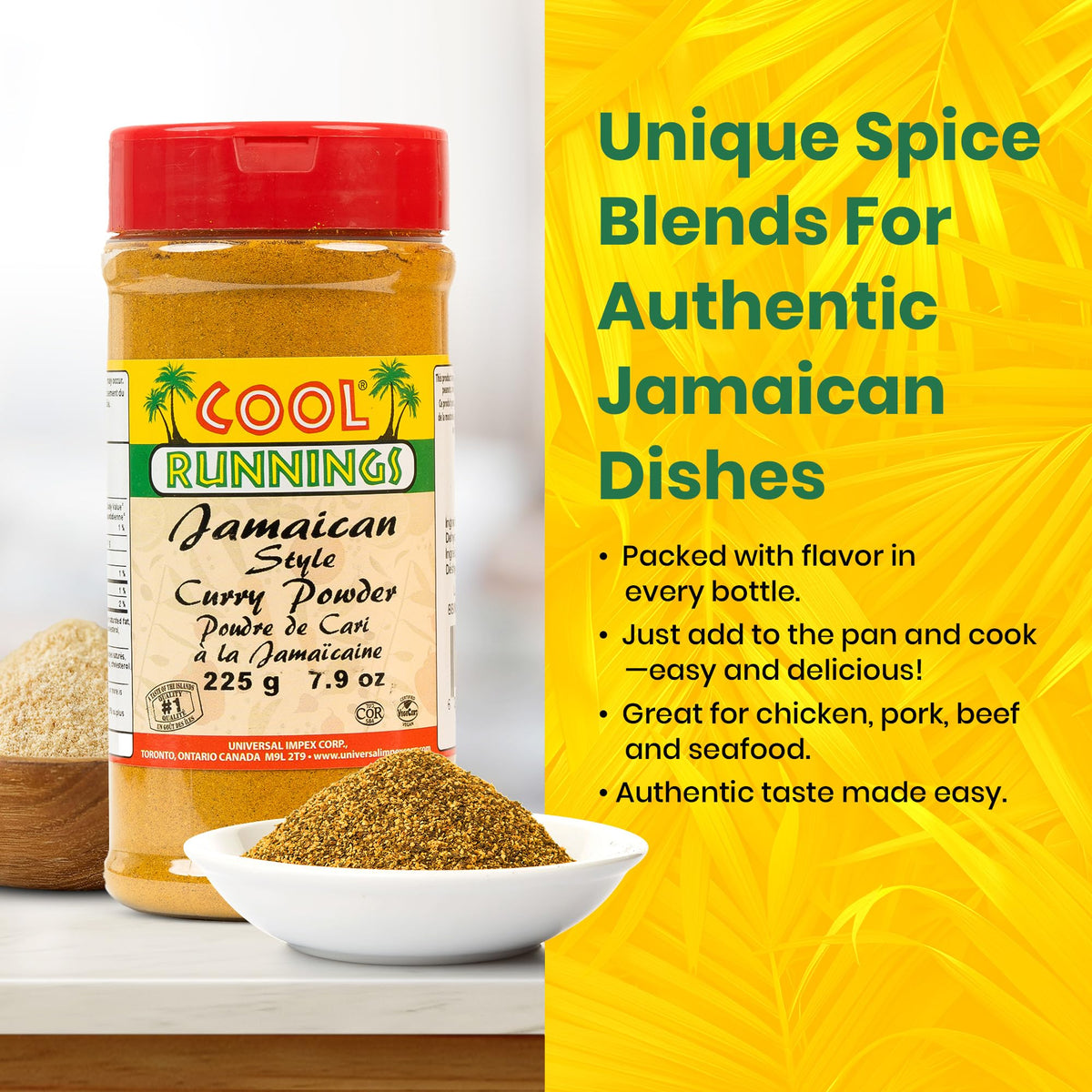Cool Runnings curry-powder bottle pour demonstrates easy marinades and quick curry bases.