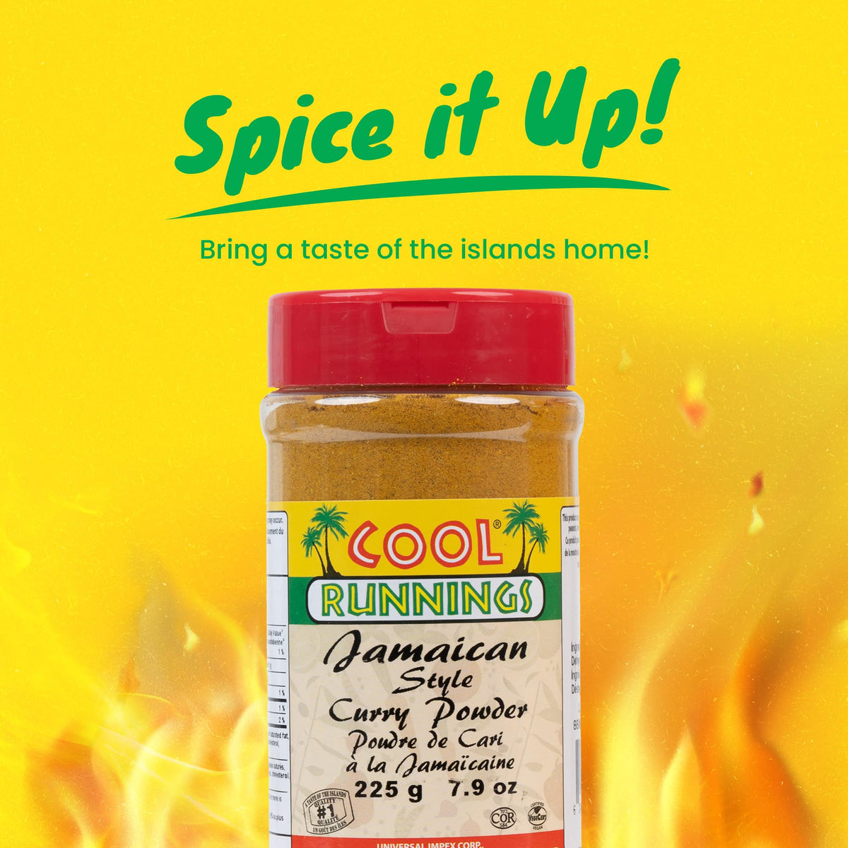 Cool Runnings spice-jar closeup highlights versatile seasoning for meats and vegetables.