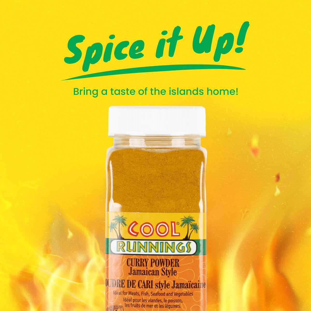Cool Runnings curry powder display emphasizes natural spices and turmeric.