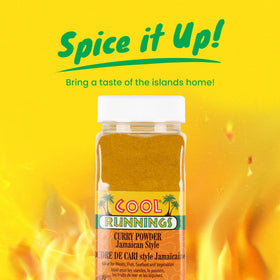 Cool Runnings curry powder display emphasizes natural spices and turmeric.