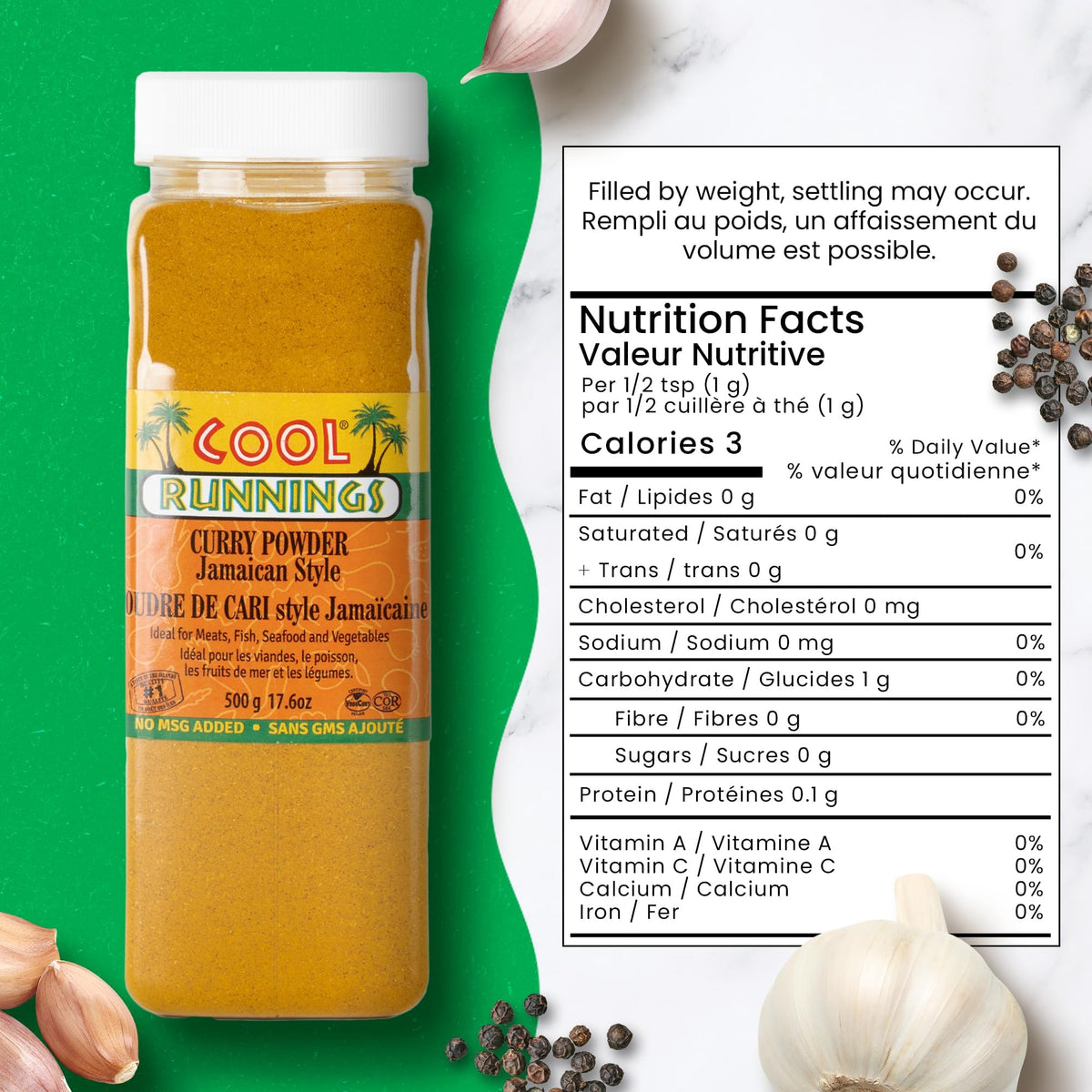 Cool Runnings curry powder with vegetables and seafood ready for flavor boost.