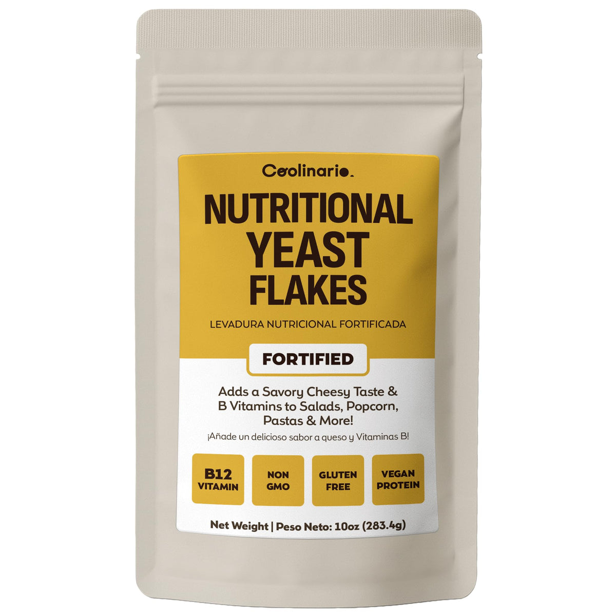 Coolinario fortified nutritional yeast flakes packaging for vegan pantry use.