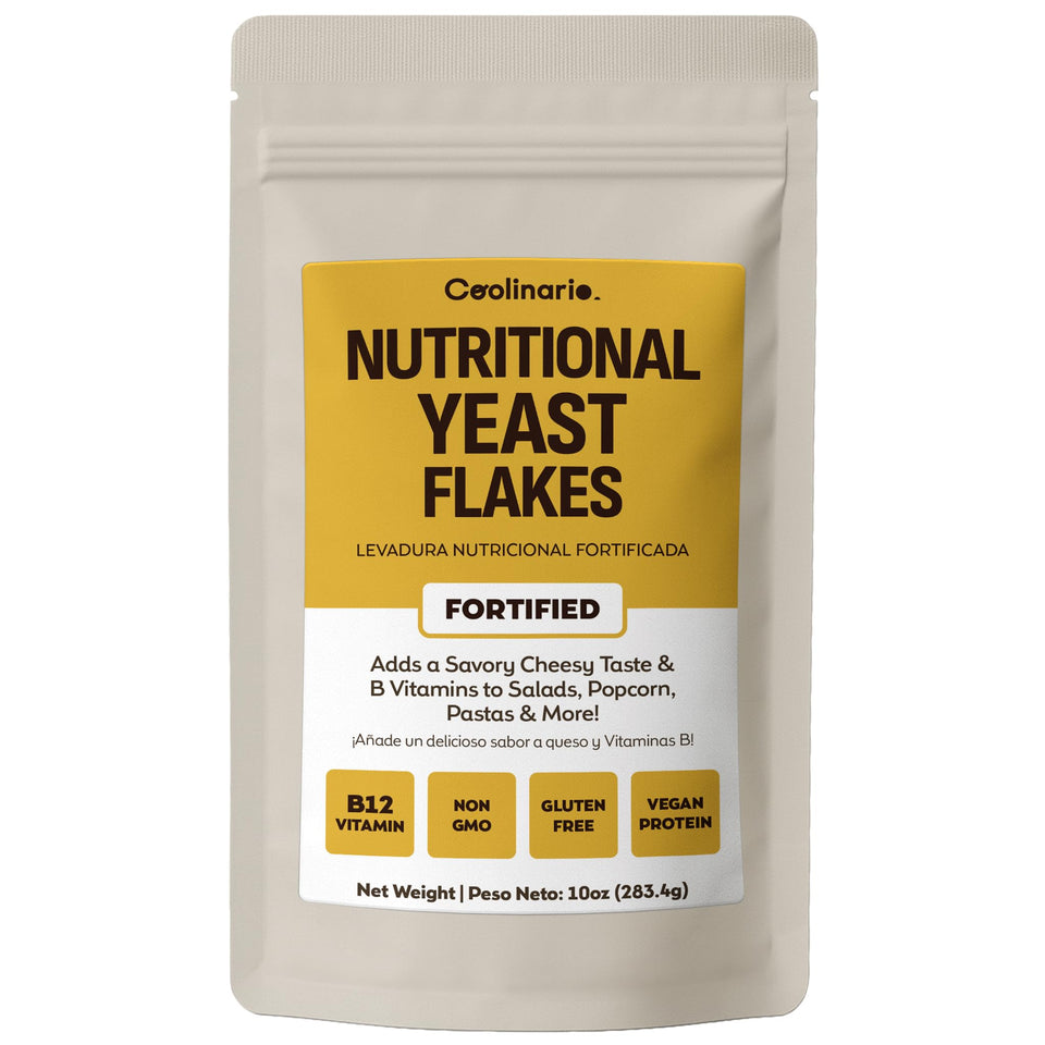 Coolinario fortified nutritional yeast flakes packaging for vegan pantry use.