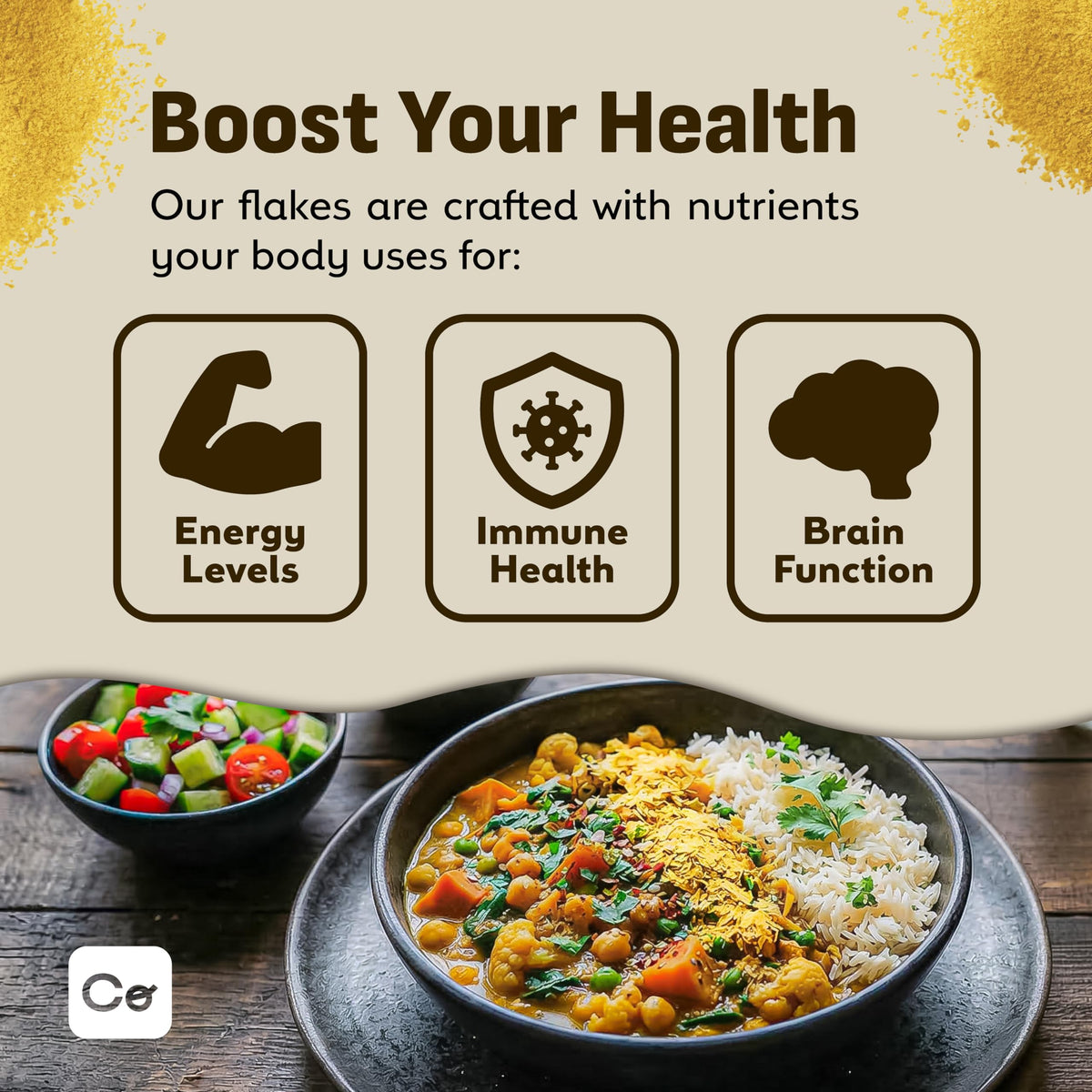 Coolinario yeast flakes on popcorn delivering savory, cheese-like flavor.